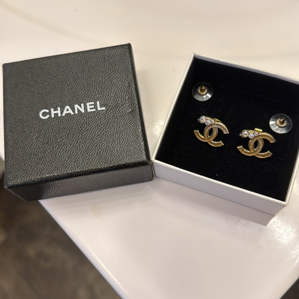 Chanel Vintage Gold Logo Earrings with Crystal Detail